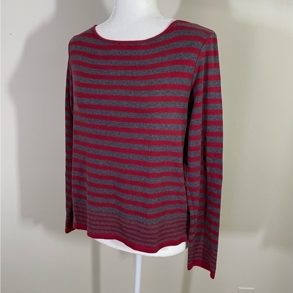 Evan-Picone sz med sweater crew neck burgundy & gray stripe  lightweight - Picture 1 of 11
